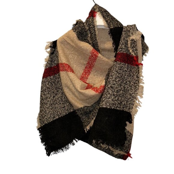 FALL Khaki black red NOVA CHECK PLAID fuzzy thick blanket scarf shawl wrap - Picture 4 of 4